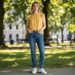 Monteau Los Angeles Yellow Floral Ruffle Neck Flutter Sleeve Blouse Large